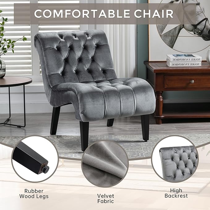 Modern Velvet Armless Accent Living Room Chair Leisure ChairUpholstered Fabric Button Comfortable Chair with Wooden Legs for Bedroom Living Room Office (Silver Velvet)