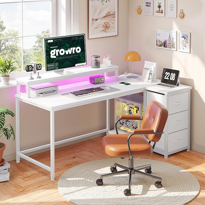EnHomee L Shaped Gaming Desk with 3 Drawers &amp Power Outlet 40Inch White Computer Desk with LED Lights Reversible Office Desk with Monitor Stand for GamingStudy RoomHome OfficeBedroomWhite