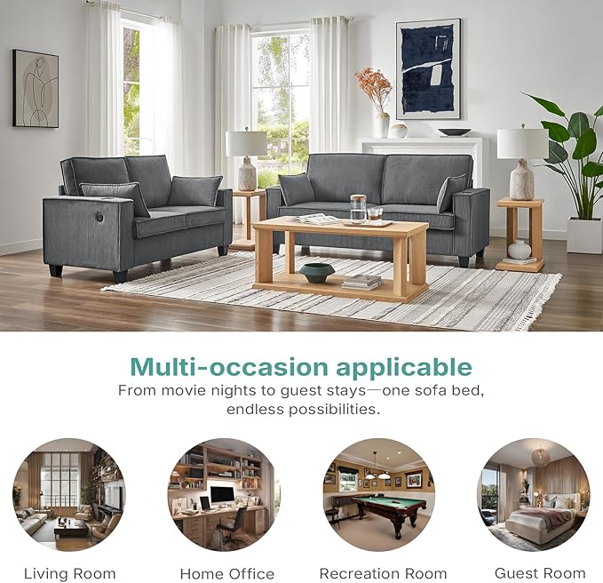2-in-1 Pull Out Sofa Bed 88 Queen Size Sleeper Sofa Corduroy Convertible Loveseat Sleeper for Living Room Guest Room Apartment Home Office（Grey）