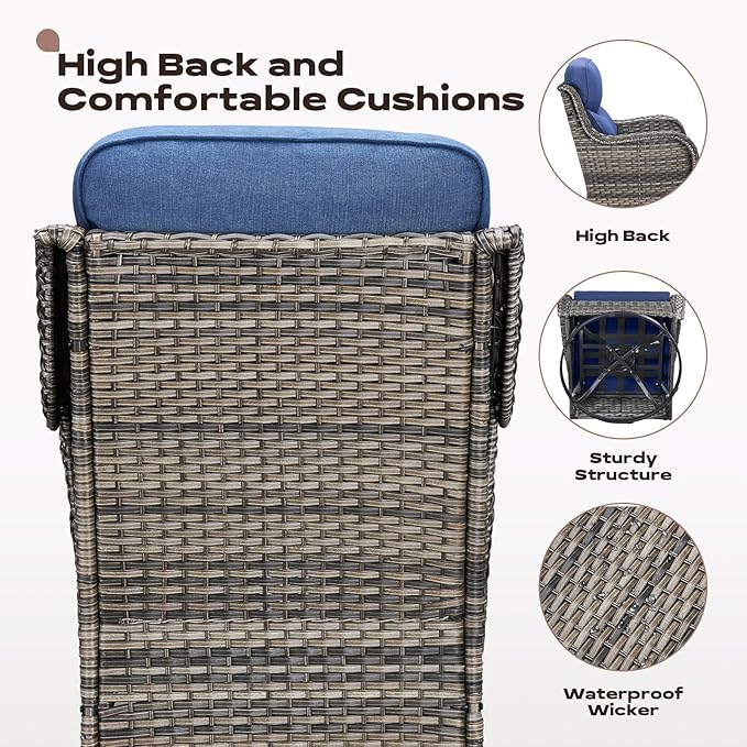 Rilyson Wicker Outdoor Patio Furniture Set - 5 Piece Patio Conversation Sets with Swivel Rocker Chairs Ottomans and Side Table 6 inch Cushions Waterproof Wicker for Porch Deck Mixed Grey/Blue