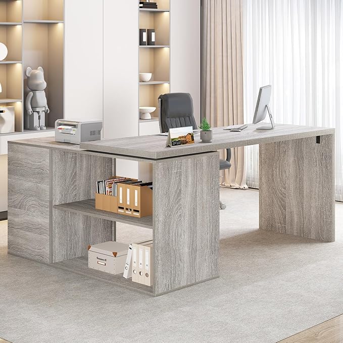 HSH L Shape Desk with Drawers L-Shaped Desk with Storage Cabinet Shelves Home Office Corner Computer Desk for Executive Writing Modern Wood Study PC Table in Bedroom Living Room Grey Oak 55 Inch