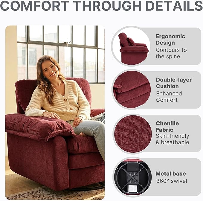 360° Swivel Accent Chair Oversized Plush Modern Chenille Armchair with Padded Seat &amp Back Comfy Spinning Chair for Living Room Bedroom Office (Red)