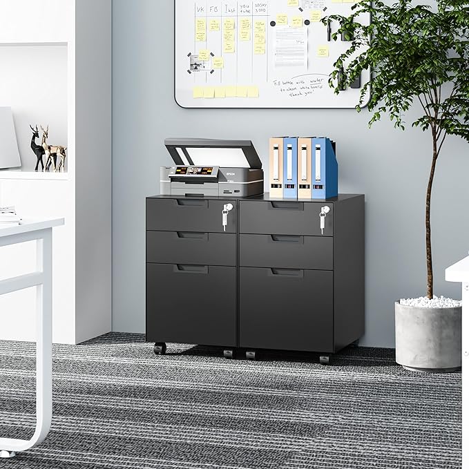 3 Drawer Vertical File Cabinet Mobile Filling Cabinets with Lock for Legal/Letter Size Pre-Built Office Storage File Cabinet with Wheels Under Desk - Fully Assembled