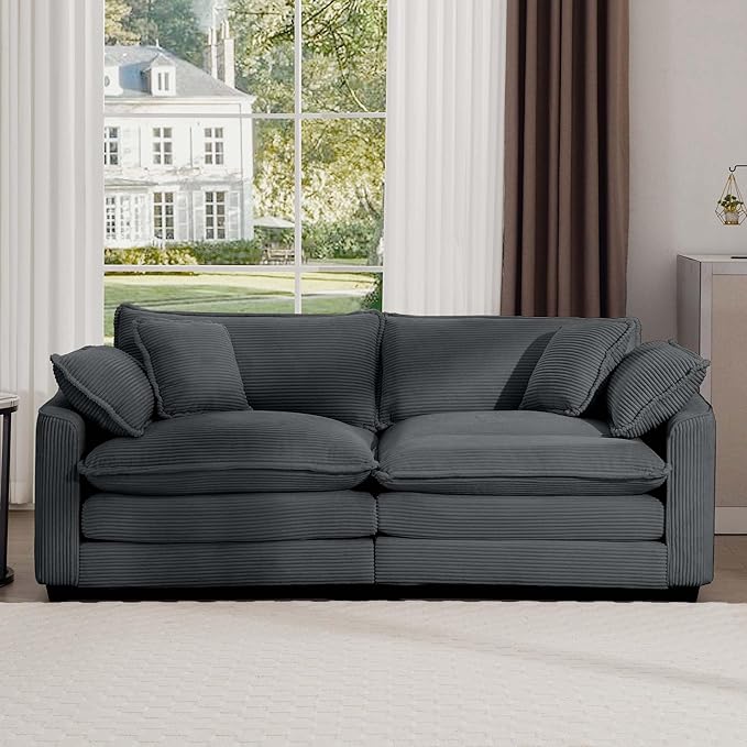 Oversized Modular Sectional Sofa 80'' Modern Corduroy Comfy Cloud Couches for Living Room Apartment Deep Seat Loveseat Sofa with 2 Armrest Pillows and 2 Toss Pillows Grey