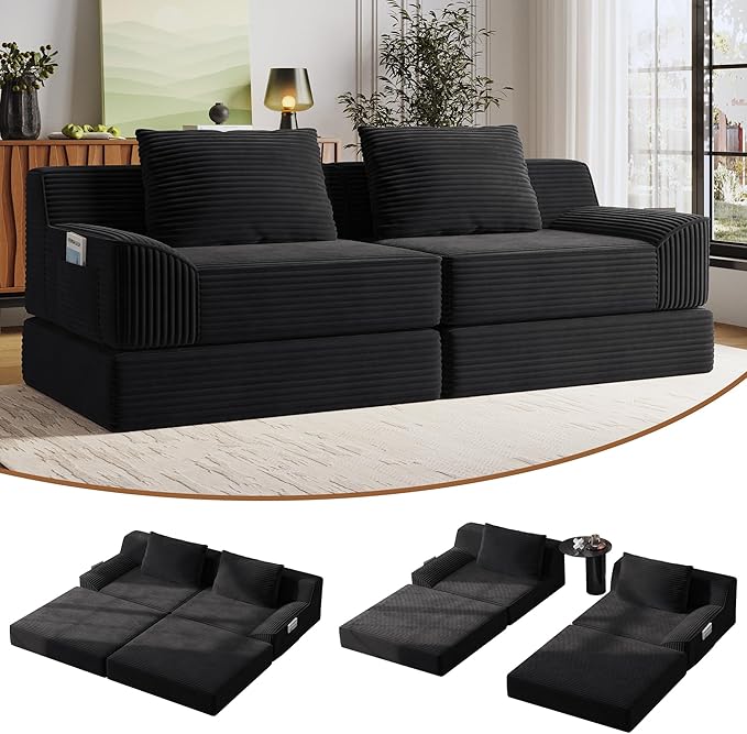 Convertible Sofa Bed 79 Inch Boneless Couch Corduroy Loveseat Sleeper Oversized Double Lounge Chaise Cloud Futon Floor Sofa Modular Futon Couch for Living Room Bedroom Lounge (Black)