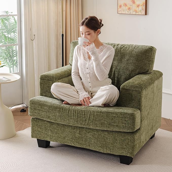 Oversized Accent Chair with Armrest OrganizerComfy Living Room Chairs with 7.8'' CushionUpholstered Mid-Century ArmchairLarge Reading Chair for Bedroom Living RoomOfficeChenilleGreen