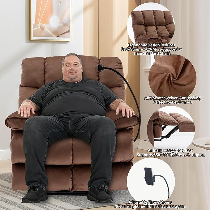 Oversized Recliner Chair Big Man Recliner Chairs for 400LBS Adults Extra Wide Recliner Large Heavy Duty Recliner Chair for Living Room Brown