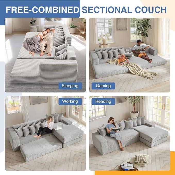 110'' Oversized Cloud Sectional Couches for Living Room Convertible Sleeper Sofa Bed Big Comfy Couch with 2 Side Pockets &amp 8 Pillows Corduroy Free-Combined (Light Gray 110 -Right Facing Chai