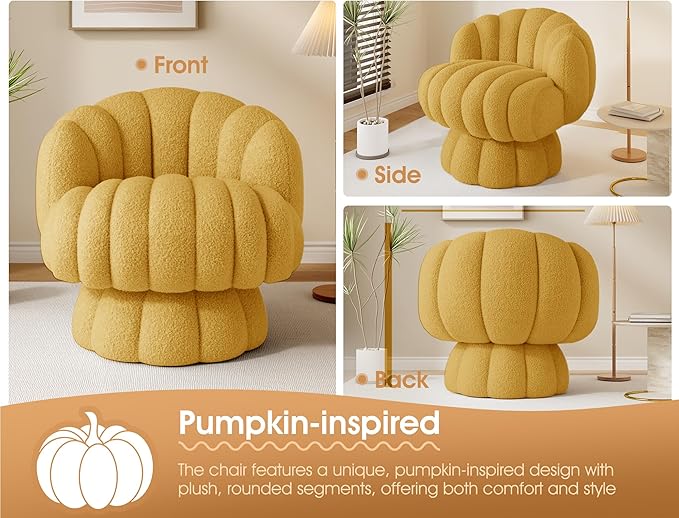 Mid Century Modern 360 Degree Barrel Swivel Accent Vanity ChairFluffy Sherpa Fabric Lounge Wide Upholstered Pumpkin Reading Chair Round Cloud Armchair for Living RoomBedroomVanity(Mustard)