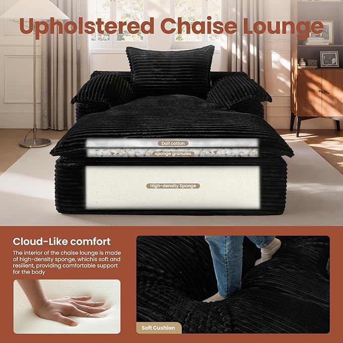 ovios 67 Boneless Lounge Chaise with Cloud Plush Sofa Bed No Assembly Required Fluffy Modern Sleeper Single Chair for Indoor Living Room Bedroom Reading (Black (Plush Corduroy Fabric)) | No Assembl