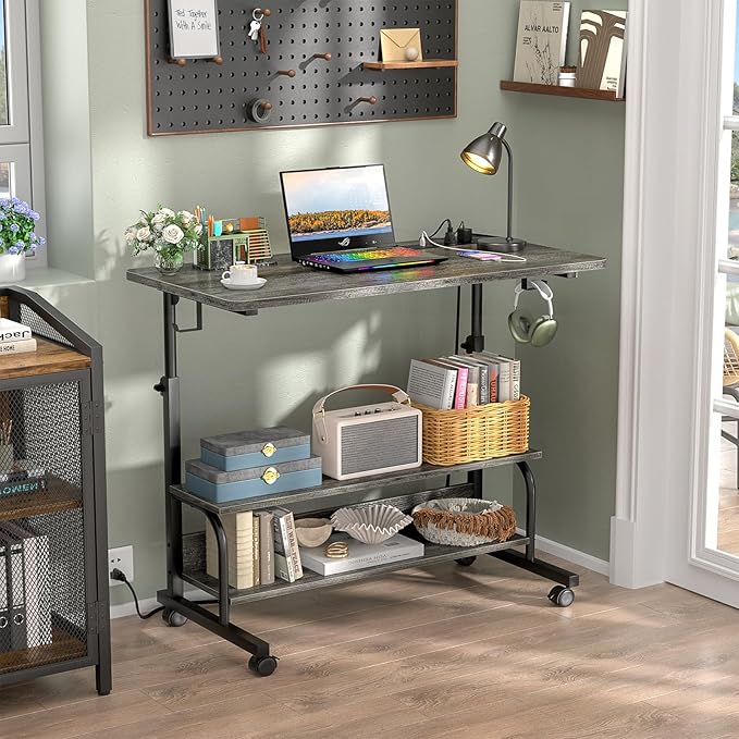 32 Height Adjustable Standing Desk with Power Outlets - Manual Rolling Stand Up Desk with Wheels Small Portable Computer Desk Mobile Laptop Table with Storage Shelves for Home Office Grey Oak