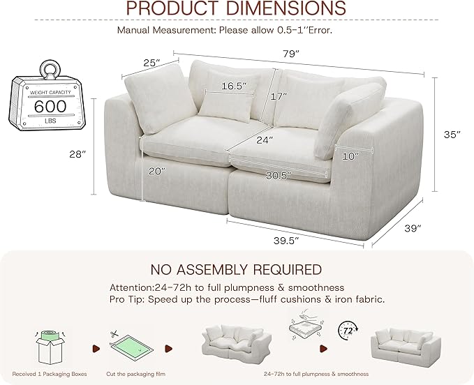 79'' Oversized Cloud Sectional Boneles Loveseat for Living Room Modern Big Compressed 2 Seater Couch with 2 Throw Pillows Comfy Chenille Deep Seat Memory Foam Spineless 2 Person Couch Beige | No As