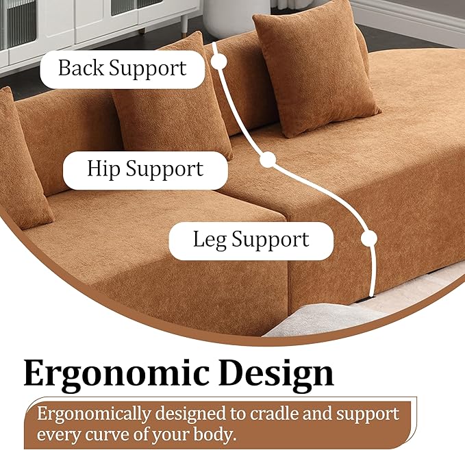 130'' Curved Modular Sectional Long Sofa Modern Cloud Boneless Deep Seat Couch Plush Terry Cloth Compressed Upholstered Lounge Sofa for Living Room No Assembly Required Orange 3 Pillows