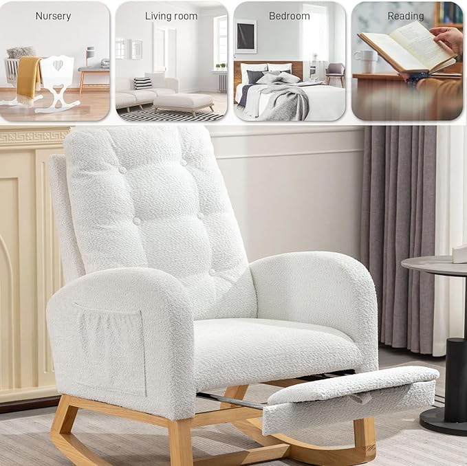 Modern Nursery Rocking Chair with Footrest High-Back Reading Chair Versatile Accent Lounge Chair with Storage Pocket Upholstered Glider for Bedroom Living Room