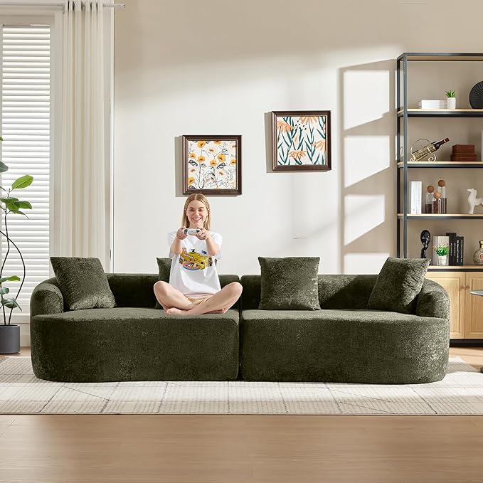 Curved Sectional Couch 110 Chenille Cloud Sofa with 4 Pillows 4-Seater Sleeper Sofa for Living Room Apartment Full Compression Sponge (Olive Green 110 Inch)