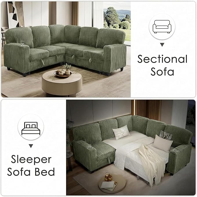 81 Modular Sectional Sofa L Shaped 5-Seater Sleeper Sofa with Pull Out Bed Hidden Storage Cup Holders &amp USB Charging Ports Sectional Couches for Living Room Corduroy Green