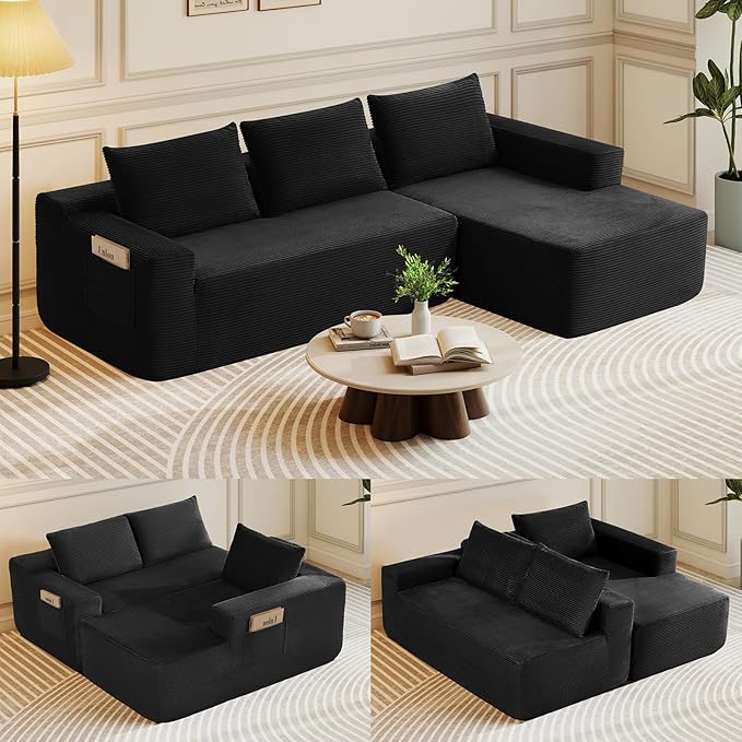 Rovibek 97 Black Boneless Couch Modular Sectional Sofa with Chaise Compressed Corduroy Couch with Deep Seat No Assembly Required