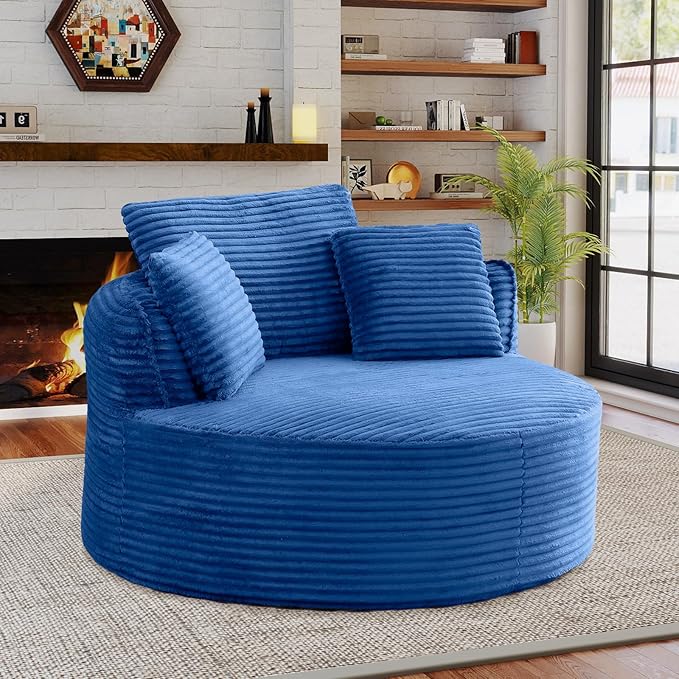 Antetek 53-inch Round Chaise Lounge Chair Indoor Modern Cloud Single Corduroy Couch with 3 Pillows Boneless Compressed Memory Foam Sofa Chair for Living Room Bedroom Apartment Blue
