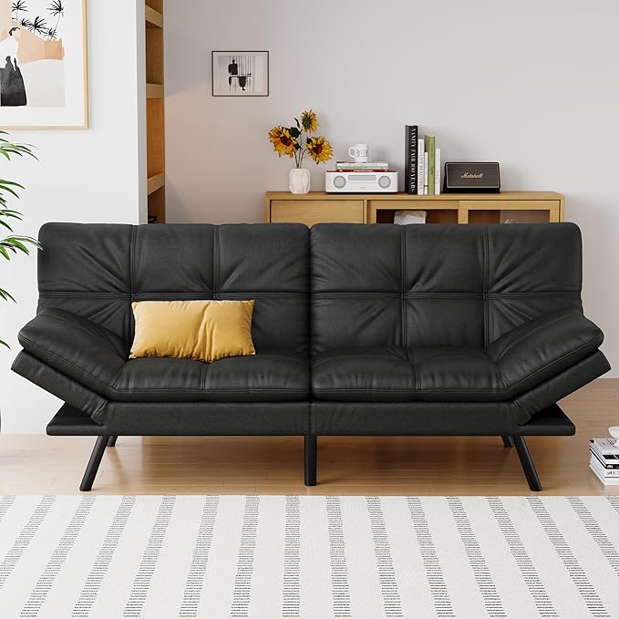 Futon Sofa Bed Convertible Couch Black Faux Leather Sofa Bed with Memory Foam Adjustable Backrest &amp Armrests Multifunctional Small Loveseat Sleeper Sofa for Living Room Apartment Office