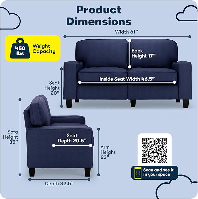 Serta Palisades 61 Track Arm Sofa Easy Care Polyester Soft Pillow Back Pocket Coil Seat Cushions Removable Covers Loveseat or Couch for Small Spaces Living Rooms or Bedrooms Navy Blue