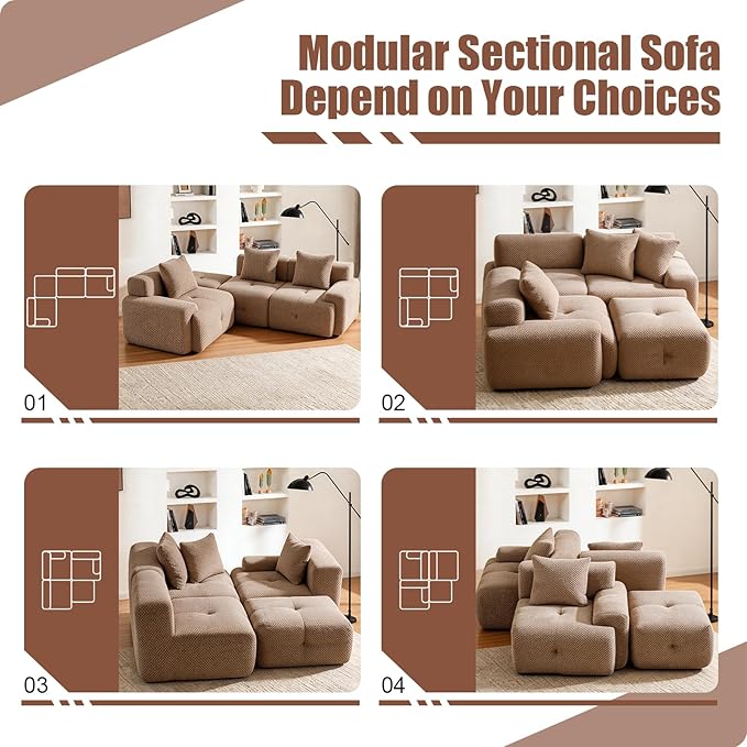104 Modular Sectional SofaModern L-Shaped Couch Boneless Couch Filling with Spring and Foam Soft Pineapple Lattice Material with Movable Ottoman for Living Room - No Assembly