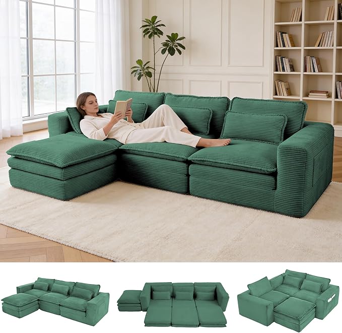109 L Shape Modular Sectional Sofa with Ottoman Boneless Couch Three-Layer Deep 3 Seat Convertible Pull Out Sofa Bed Sleeper for Living Room No Assembly 109 L-Green
