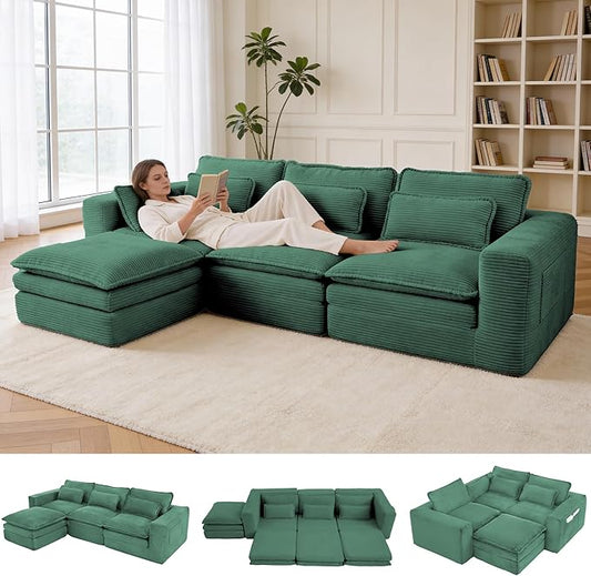 109 L Shape Modular Sectional Sofa with Ottoman Boneless Couch Three-Layer Deep 3 Seat Convertible Pull Out Sofa Bed Sleeper for Living Room No Assembly 109 L-Green