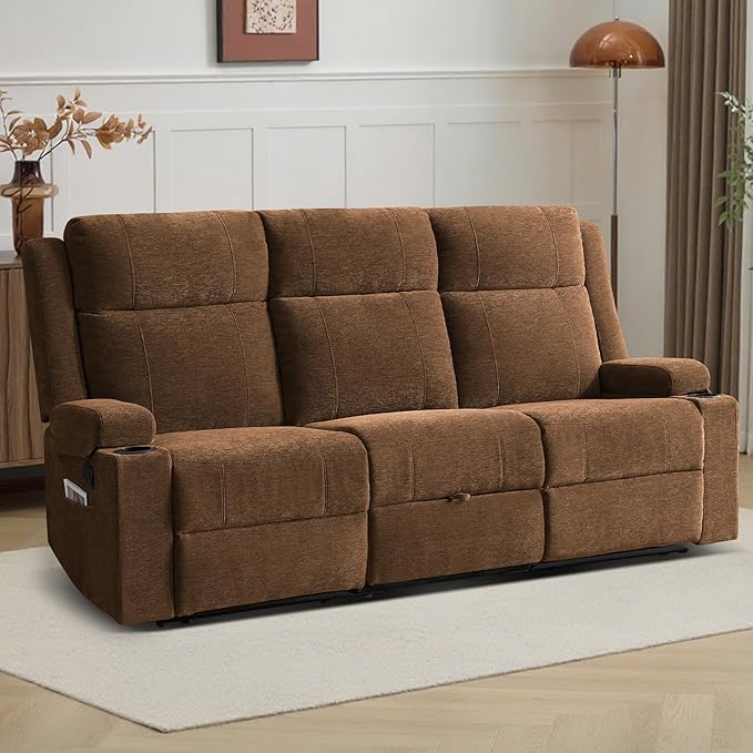 3-Seater Manual Reclining Sofa with Cup Holders Large Chenille Fabric Recliner Couch with Wide Seats Spill-Resistant &amp Easy Assembly Double Side Reclining Chairs for Living Room RV