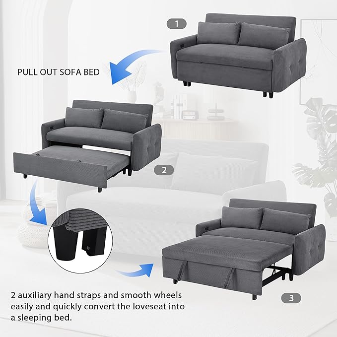Merax 57.48 Pull-Out Sofa Bed Convertible Couch2 Seat Loveseat Sofa with 3 Levels Adjustable BackrestTwo Throw Pillows and USB PortsModern Corduroy Sleeper Sofa for Living RoomDark Grey