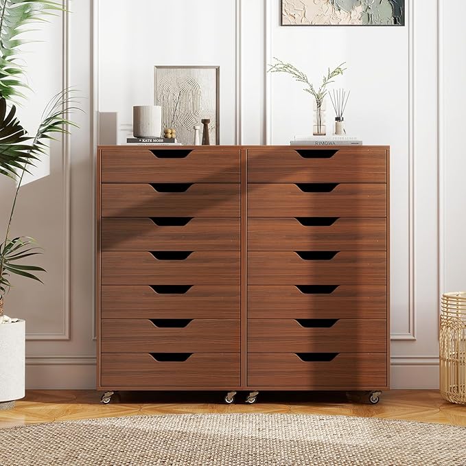 7 Drawers Filing Cabinet Vertical File Cabinet for Home Office Mobile Under Desk Office Storage Cabinets with Wheels (Walnut)