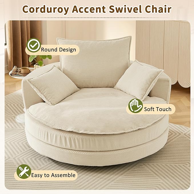 360°Swivel Accent Barrel Chair with Dual Layer Cushion 57.5 Oversized Circle Sofa Chairs with 3 Pillows Modern Round Corduroy Chaise Lounge for Office Bedroom Living Room Beige