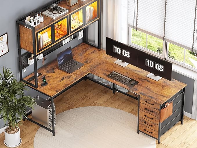 SEDETA L Shaped Gaming Desk with Drawers L Shaped Computer Desk with Hutch and Storage Shelves Gaming Desk with Pegboard Led Lights and Power Outlet Home Office Desk Corner Desk Rustic Brown
