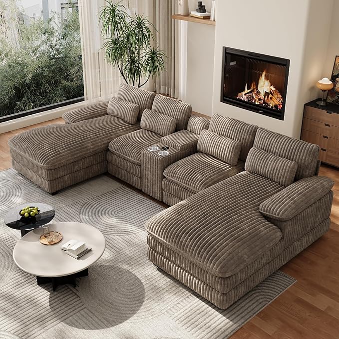 133 Oversized U Shaped Cloud Couch Modular Sectional Couches for Living Room Comfy Corduroy Deep Seat Sofa Set with Double Chaise Lounge Storage Central Console Cup Holders USB Port Brown