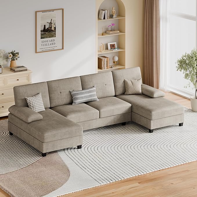 Vongrasig Sectional Couch for Living Room U-Shaped Sofa with Chaise 4-seat Large Sectional Modern Couches for Living Room Apartment (Khaki)