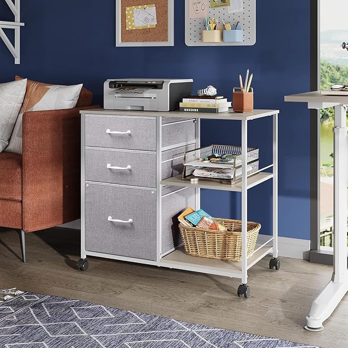 DEVAISE Mobile File Cabinet Combo Set: Lateral 3-Drawer &amp Vertical 2-Drawer with Open Shelf | Rolling Light Grey Office Storage Cabinets with Locking Casters
