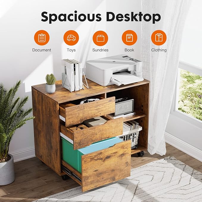 File Cabinet with 3 Drawers Mobile Lateral Filing Cabinet with Open Storage Shelves for Home Office Under Desk Storage Brown