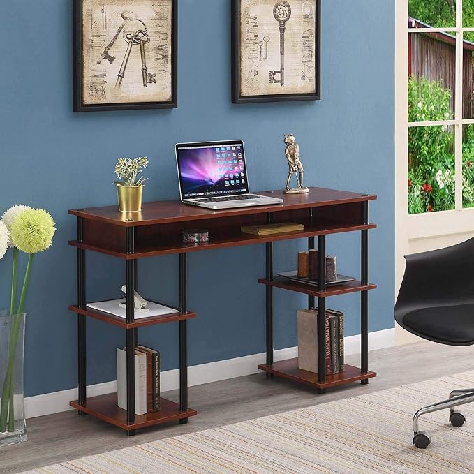 Pemberly Row No-Tools Student Desk Cherry Wood Finish 47.25 x 15.75 x 30 in Particleboard Shelves Black Powder-Coated Steel Poles Multiple Storage Shelves Easy Assembly Home Office or Dorm Desk