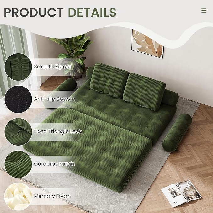 59 Convertible Sofa Bed 5-in-1 Folding Loveseat Sleeper Chair with Pillows Removable Armrests Fold Out Boneless Couch Futon Floor Mattress Lounge for Apartment Dorm Living Room - Green Full