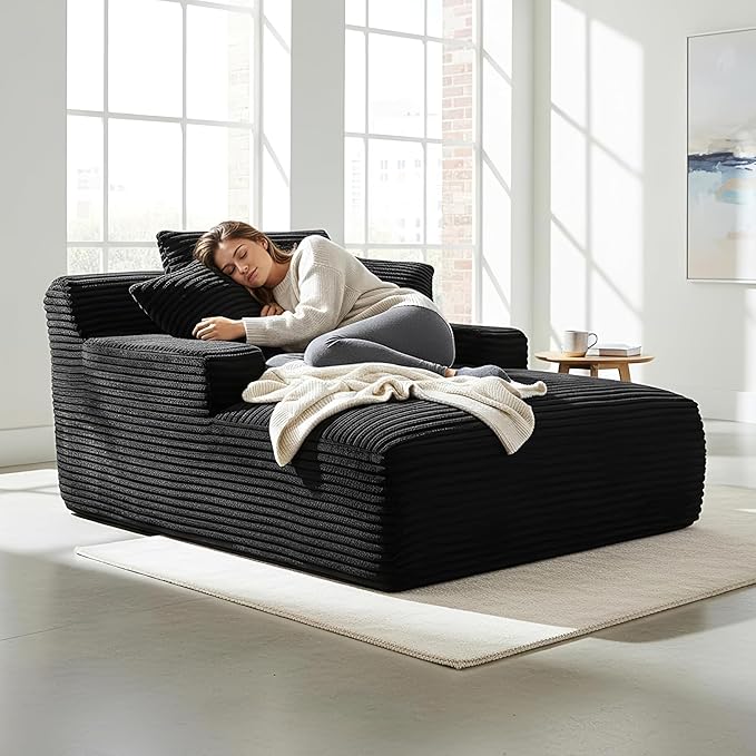 Container Furniture Chamden Oversized Chaise Lounge Chair Modern Corduroy Sofa Bed with Full Foam Cushioning Cozy Convertible Sleeper for Living Room or Bedroom Black
