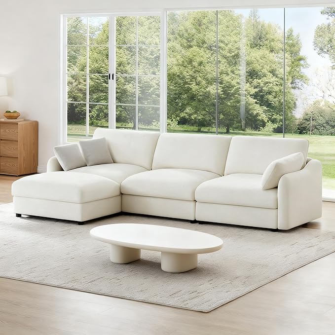 113 Cloud Sectional Couches for Living RoomL Shaped Oversized Modular Modern Linen Sofa with 1 Movable Ottoman4 Deep Seat with 2 Throw PillowsWarm White