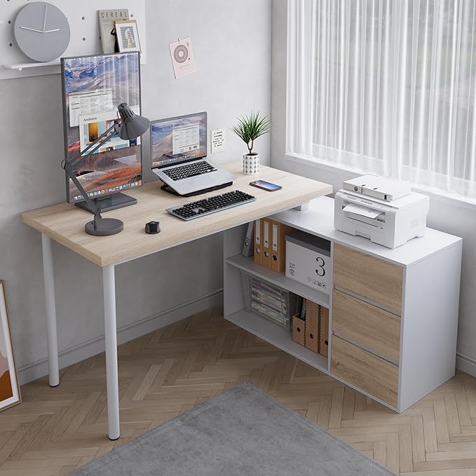 Home Office Computer Desk Corner Desk with 3 Drawers and 2 Shelves 53-inch L-Shaped Study Desk with Storage White + Walnut