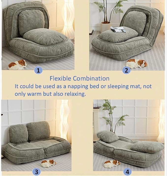Foldable Lazy Sofa Bed Floor Chair Upholstered Human Dog Bed with 5 Adjustable Position Comfy Tatami Lounge Chair with 2 Pillows Lazy Sofa for Bedroom Living Room Reading (Green 1)