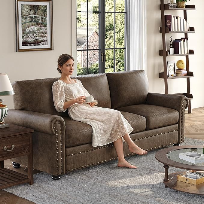 ONBRILL Faux Leather Sofa 84 Inches Nailhead Trim Couch for Living Room Mid-Century Modern Deep Seat Sofa with Rolled Arms Classic 3 Seater Couch for Apartment Office Brown