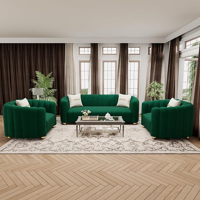 42 Velvet Sofa Chair for Living Room Modern Single Sofa with Gold Metal Sphere Legs (Green-1 Seater)