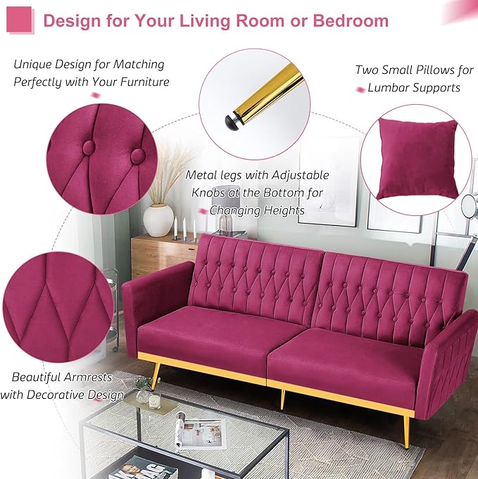70” Velvet Futon Sofa Bed with 2 Pillows and Adjustable Armrests Convertible Sleeper Bed W/Adjustable Backrests Modern Loveseat for Living Room Bedroom Fuchsia