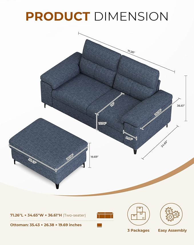 71.25 L Shaped Sectional Couches for Living Room Deep Seat Sofa with Big Storage Ottoman &amp 8”Cushion Comfy 2-Seater Chenille Loveseat Convertible Armrest Removable Cover for Small Space(Blue)