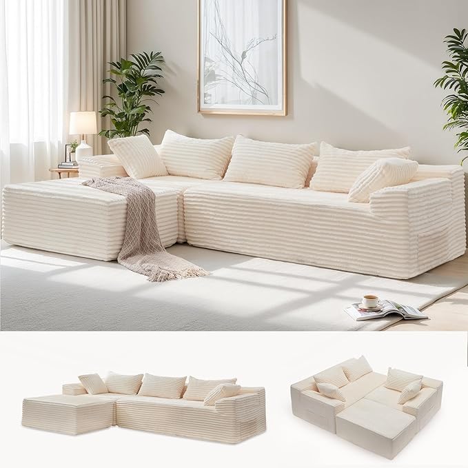 110 L-Shaped Modular Sectional Sofa with Chaise Boneless Comfy Corduroy Fluffy Couch with Deep Seat and Side Pockets Flexible Module Combination for Living Room No Assembly Side Pockets