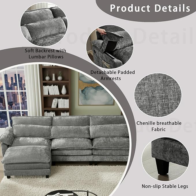 113'' Modular Sectional SofaL Shaped Couch with Movable Ottoman Comfy Cloud Sofa with Deep Seat 3 Seat Convertible Sectional Couches for Living Room with USB Charging &amp Side Pockets(Grey)