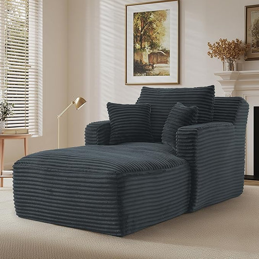 Oversized Chaise Lounge Chair Indoor Modern Corduroy Lounge Couch Comfy Upholstered Sleeper Sofa with Throw Pillows Fluffy Reading Chair Bed for Living Room Drak Gray