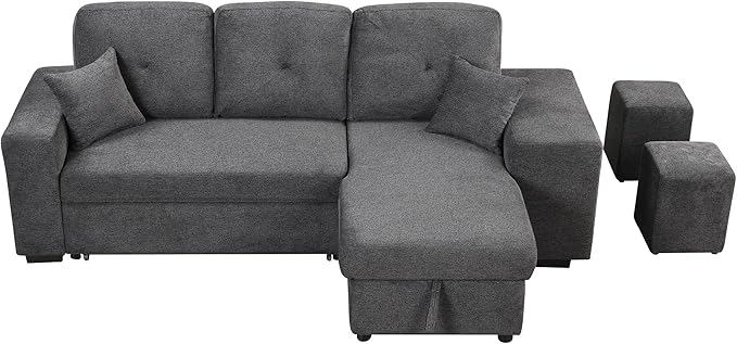 Reversible Sleeper Sectional Sofa with Side Shelf and 2 Stools Pull-Out L-Shaped Sofa Bed with Storage Chaise Left/Right Hande Corner Sofa-Bed for Living Room (Black+Blue + Velvet + Foam-01)